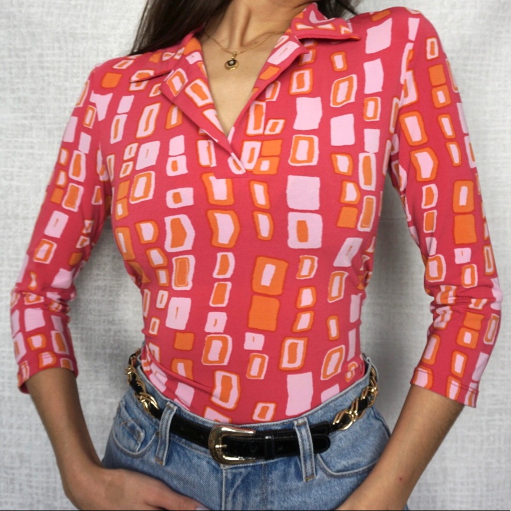 Pink 70’s Style Collared Quarter Sleeve Top